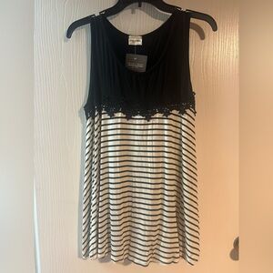 Charlie Rose Black and White Striped Lace-Trim Tank